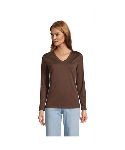 Women's Relaxed Supima Cotton Long Sleeve V-Neck T-Shirt Brown $29.97 Tops