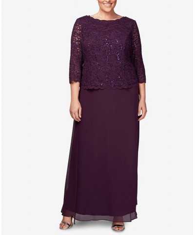 Plus Sequined Scalloped Edge Lace Top Gown Deep Plum $98.55 Dresses