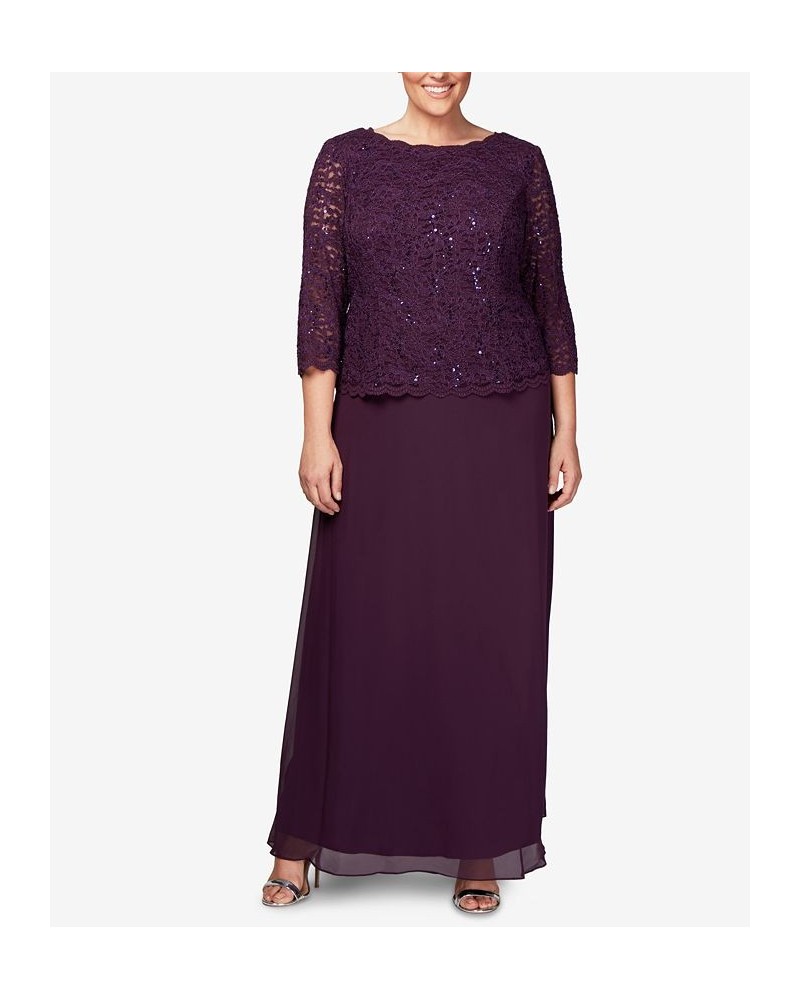 Plus Sequined Scalloped Edge Lace Top Gown Deep Plum $98.55 Dresses