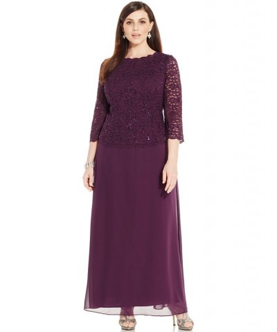 Plus Sequined Scalloped Edge Lace Top Gown Deep Plum $98.55 Dresses