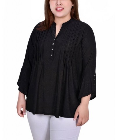 Plus Size 3/4 Sleeve Overlapped Bell Sleeve Y-Neck Top Black Sakadotduo $12.26 Tops