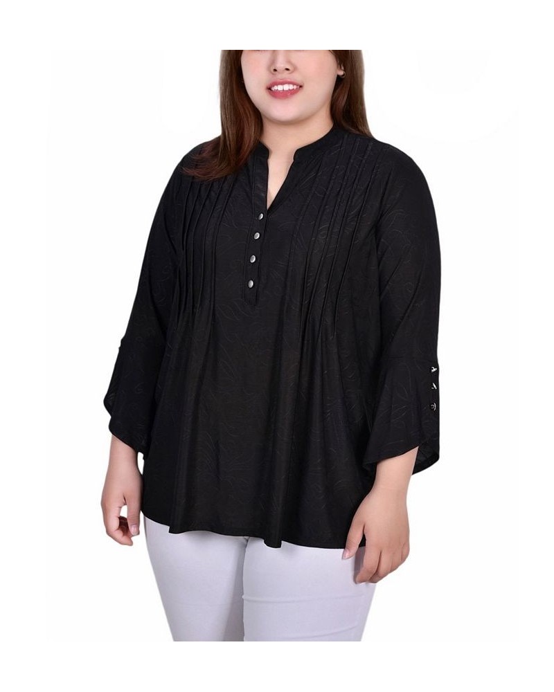 Plus Size 3/4 Sleeve Overlapped Bell Sleeve Y-Neck Top Black Sakadotduo $12.26 Tops