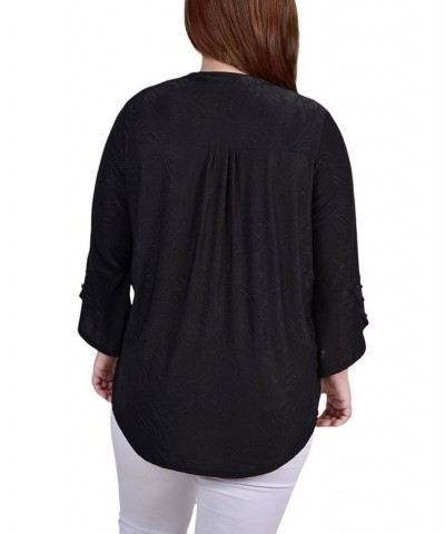 Plus Size 3/4 Sleeve Overlapped Bell Sleeve Y-Neck Top Black Sakadotduo $12.26 Tops