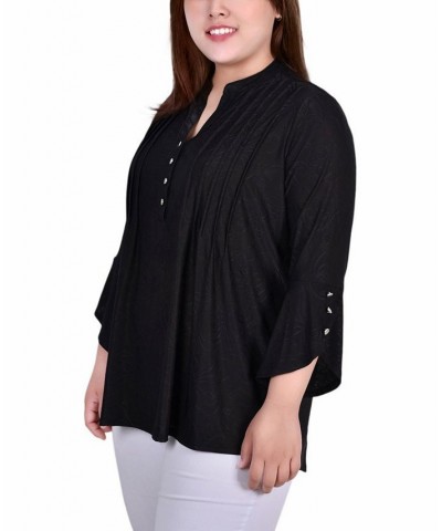 Plus Size 3/4 Sleeve Overlapped Bell Sleeve Y-Neck Top Black Sakadotduo $12.26 Tops