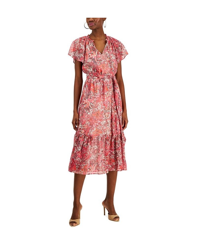 Women's Paisley Flutter-Sleeve Midi Dress Bright Cherry Combo $28.98 Dresses