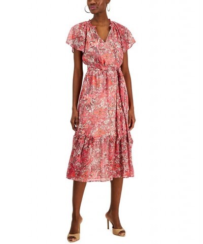 Women's Paisley Flutter-Sleeve Midi Dress Bright Cherry Combo $28.98 Dresses