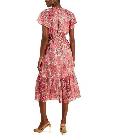 Women's Paisley Flutter-Sleeve Midi Dress Bright Cherry Combo $28.98 Dresses