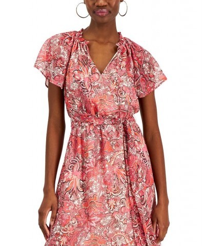 Women's Paisley Flutter-Sleeve Midi Dress Bright Cherry Combo $28.98 Dresses