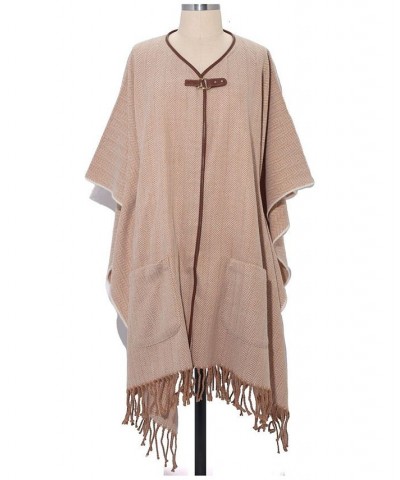 Women's Poncho with Pockets and Equestrian Buckle Camel, Cream $38.40 Sweaters