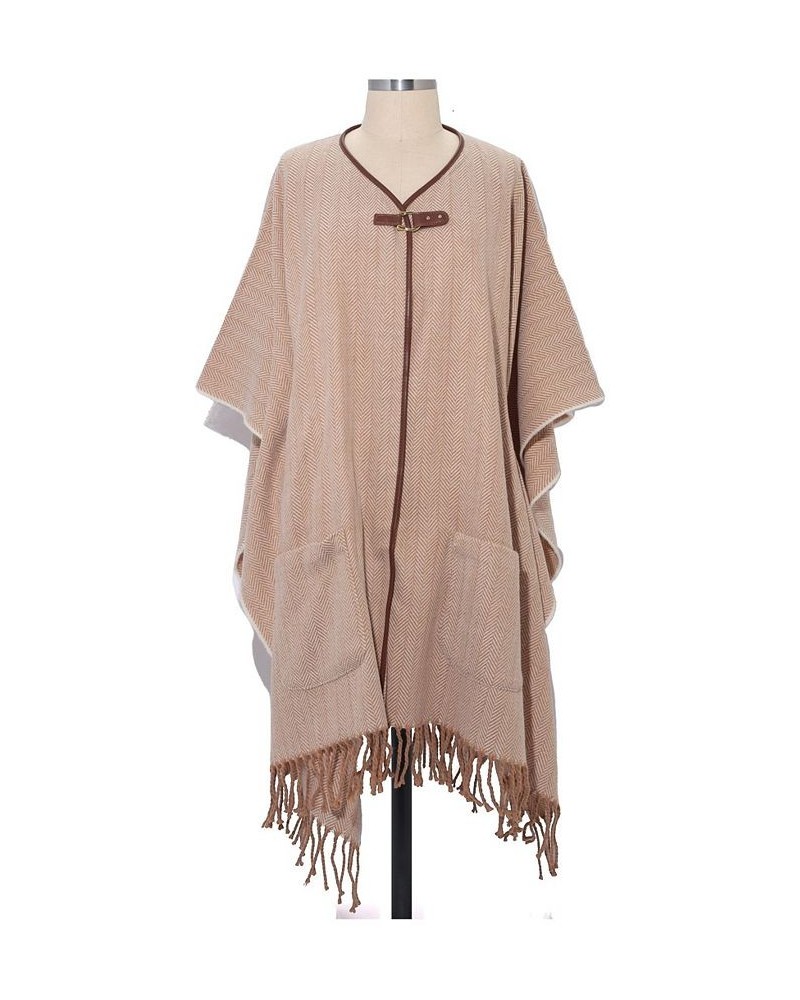 Women's Poncho with Pockets and Equestrian Buckle Camel, Cream $38.40 Sweaters