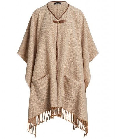 Women's Poncho with Pockets and Equestrian Buckle Camel, Cream $38.40 Sweaters