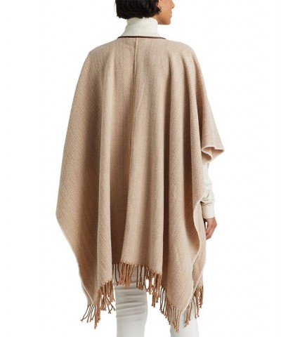 Women's Poncho with Pockets and Equestrian Buckle Camel, Cream $38.40 Sweaters