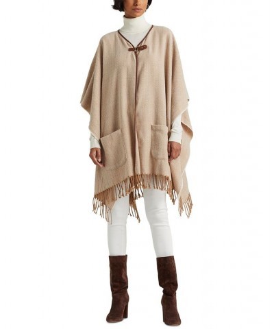 Women's Poncho with Pockets and Equestrian Buckle Camel, Cream $38.40 Sweaters