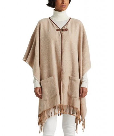 Women's Poncho with Pockets and Equestrian Buckle Camel, Cream $38.40 Sweaters