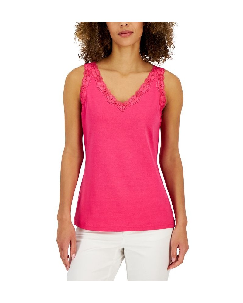 Petite Cotton Lace-Trim Tank Top Steel Rose $11.39 Tops