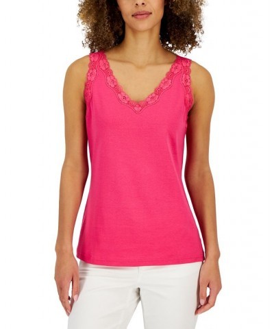 Petite Cotton Lace-Trim Tank Top Steel Rose $11.39 Tops