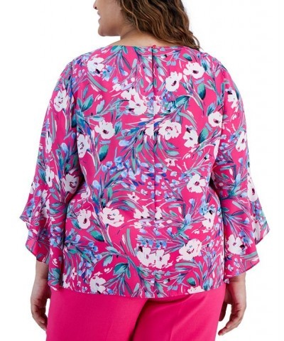 Plus Size Floral-Print Ruffle-Sleeve Blouse Pink Perfection $46.28 Tops