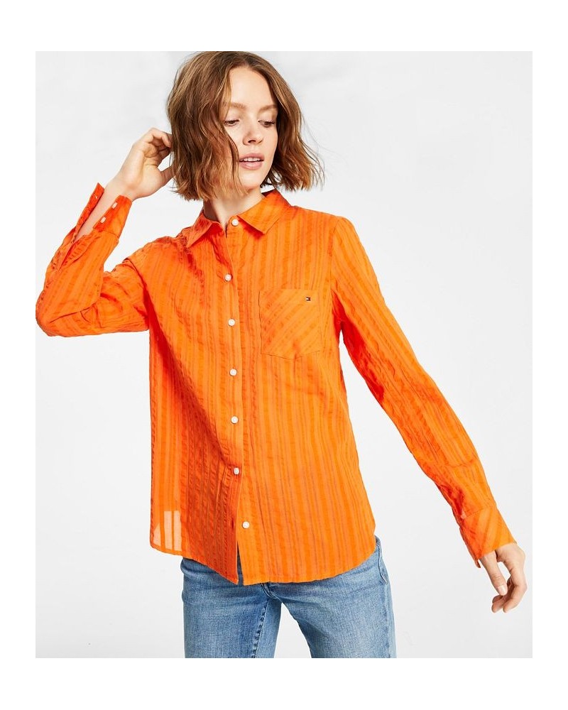 Women's Cotton Striped Roll-Tab Shirt Orange $14.49 Tops