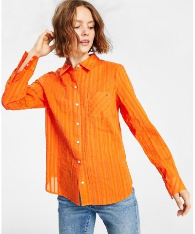 Women's Cotton Striped Roll-Tab Shirt Orange $14.49 Tops