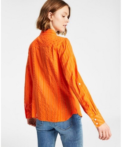 Women's Cotton Striped Roll-Tab Shirt Orange $14.49 Tops