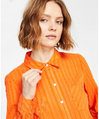 Women's Cotton Striped Roll-Tab Shirt Orange $14.49 Tops