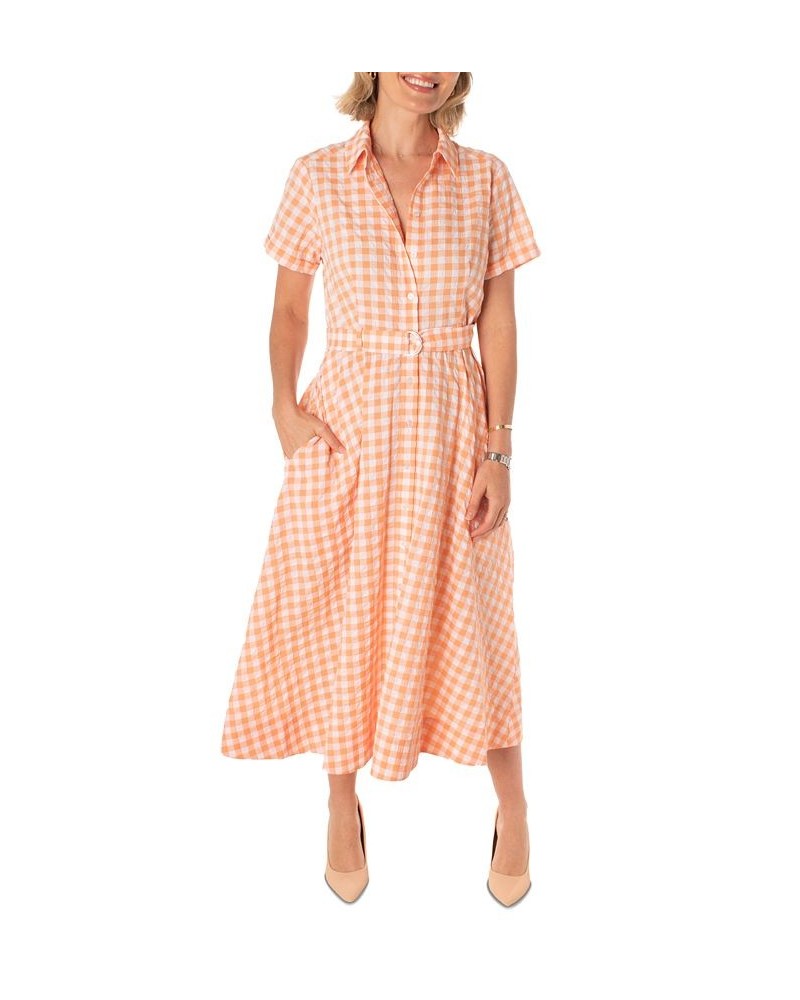 Women's Gingham Belted Midi Shirtdress Ivory/Tangerine $41.30 Dresses