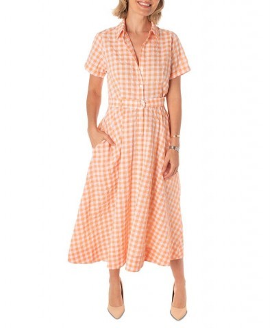 Women's Gingham Belted Midi Shirtdress Ivory/Tangerine $41.30 Dresses