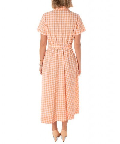 Women's Gingham Belted Midi Shirtdress Ivory/Tangerine $41.30 Dresses