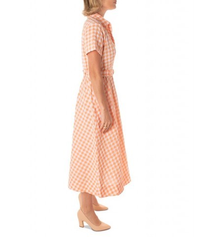 Women's Gingham Belted Midi Shirtdress Ivory/Tangerine $41.30 Dresses