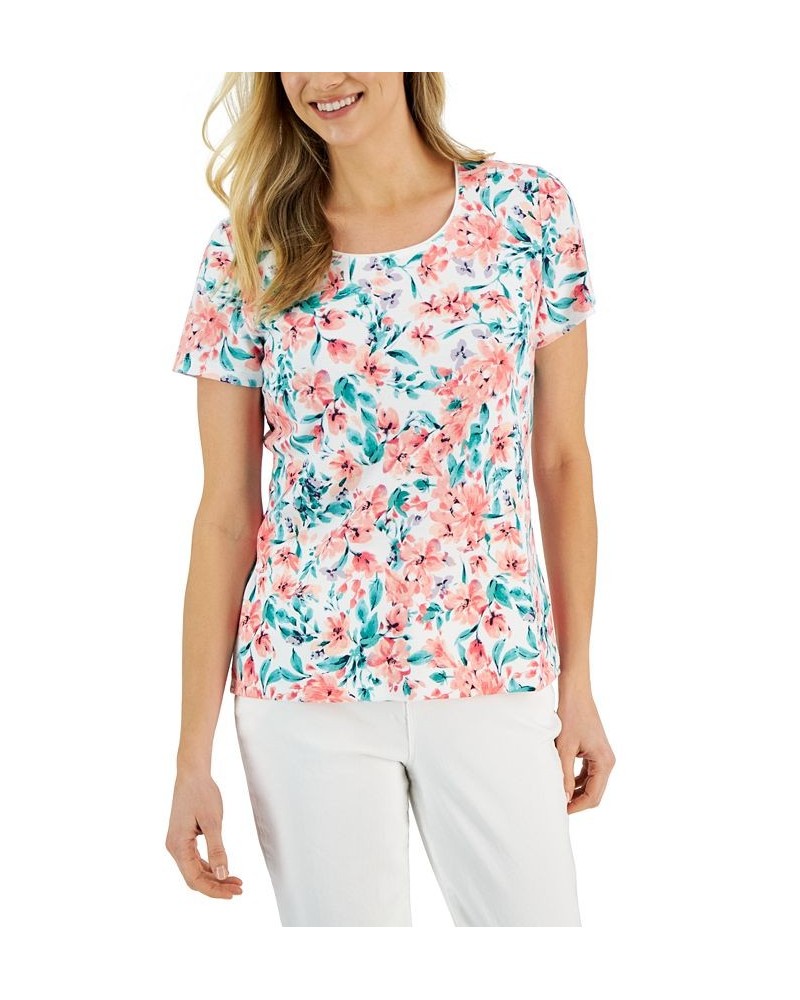 Women's Floral-Print Short-Sleeve Top White $14.99 Tops