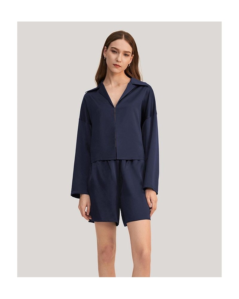 Osmanthus Silk Pullover Pajama Short Set for Women Blue $79.38 Sleepwear