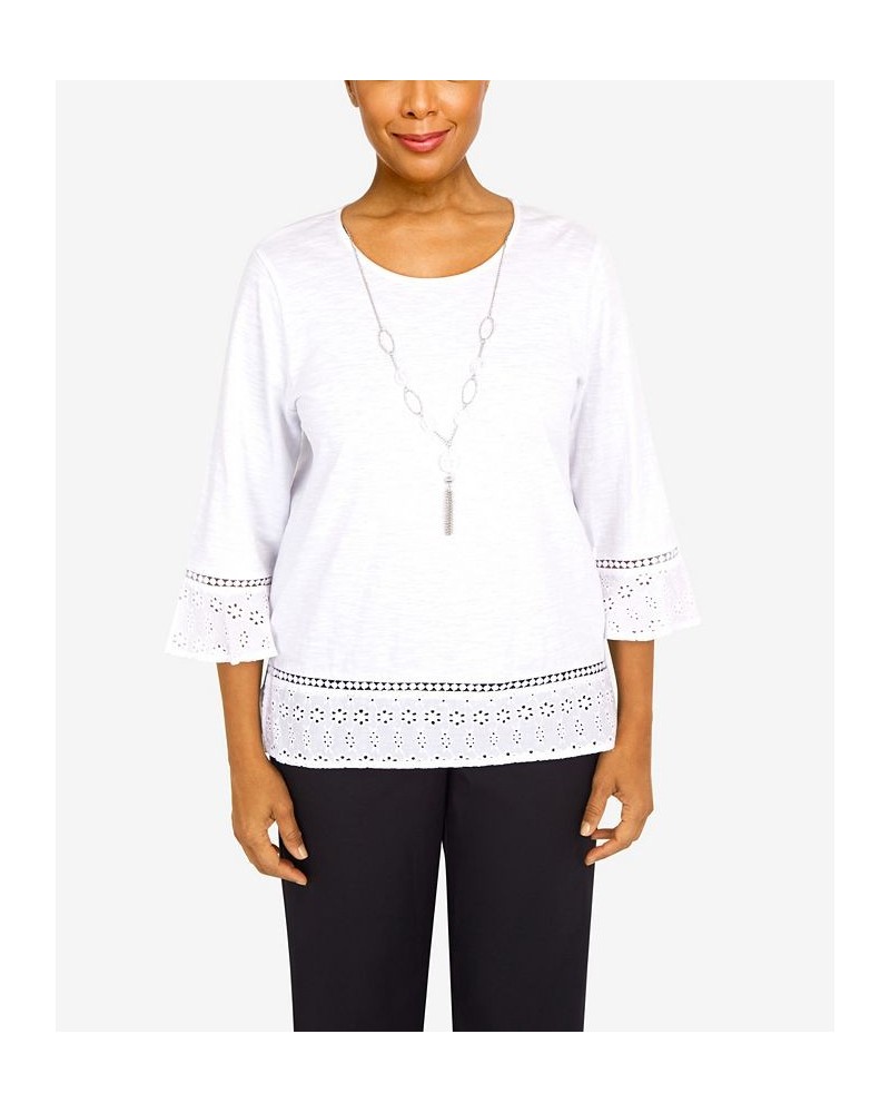 Petite Summer In The City Eyelet Hem 3/4 Sleeve with Necklace Knit Top White $28.50 Tops