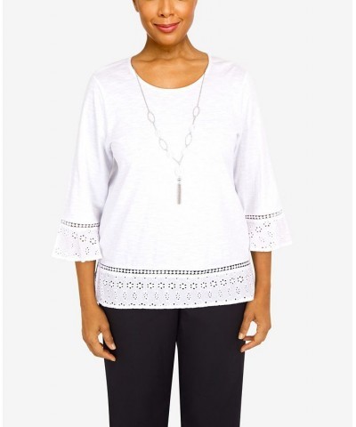 Petite Summer In The City Eyelet Hem 3/4 Sleeve with Necklace Knit Top White $28.50 Tops