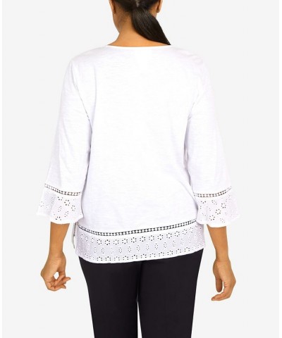 Petite Summer In The City Eyelet Hem 3/4 Sleeve with Necklace Knit Top White $28.50 Tops