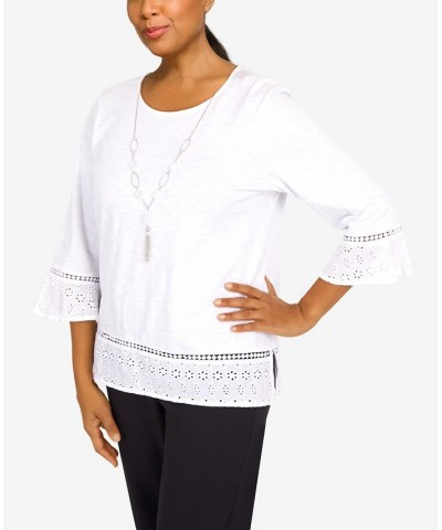 Petite Summer In The City Eyelet Hem 3/4 Sleeve with Necklace Knit Top White $28.50 Tops