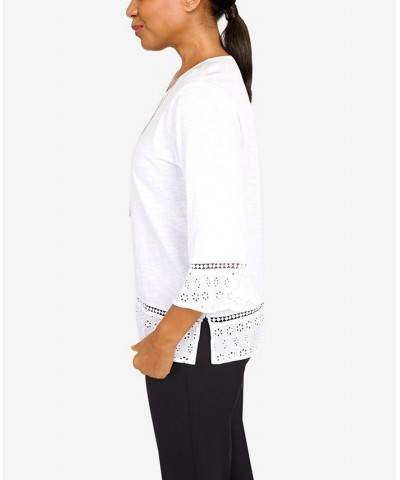 Petite Summer In The City Eyelet Hem 3/4 Sleeve with Necklace Knit Top White $28.50 Tops