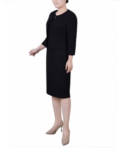 Petite Textured 3/4 Sleeve Two Piece Dress Set Black $12.71 Dresses