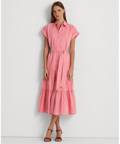 Women's Gingham Belted Cotton Dress Poolside Rose $91.65 Dresses