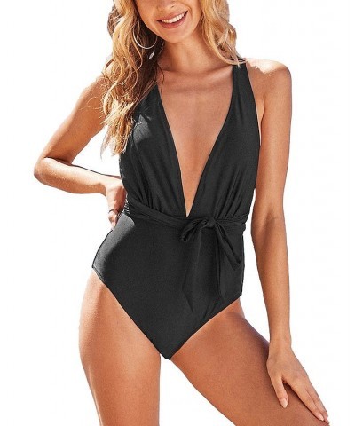 Women's Deep V Neck Self Tied Belt Bathing Suit Black $25.60 Swimsuits