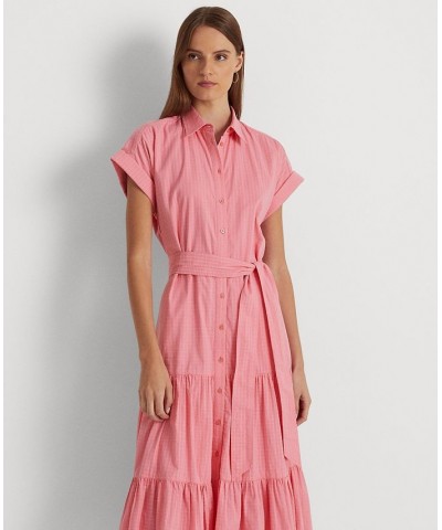 Women's Gingham Belted Cotton Dress Poolside Rose $91.65 Dresses