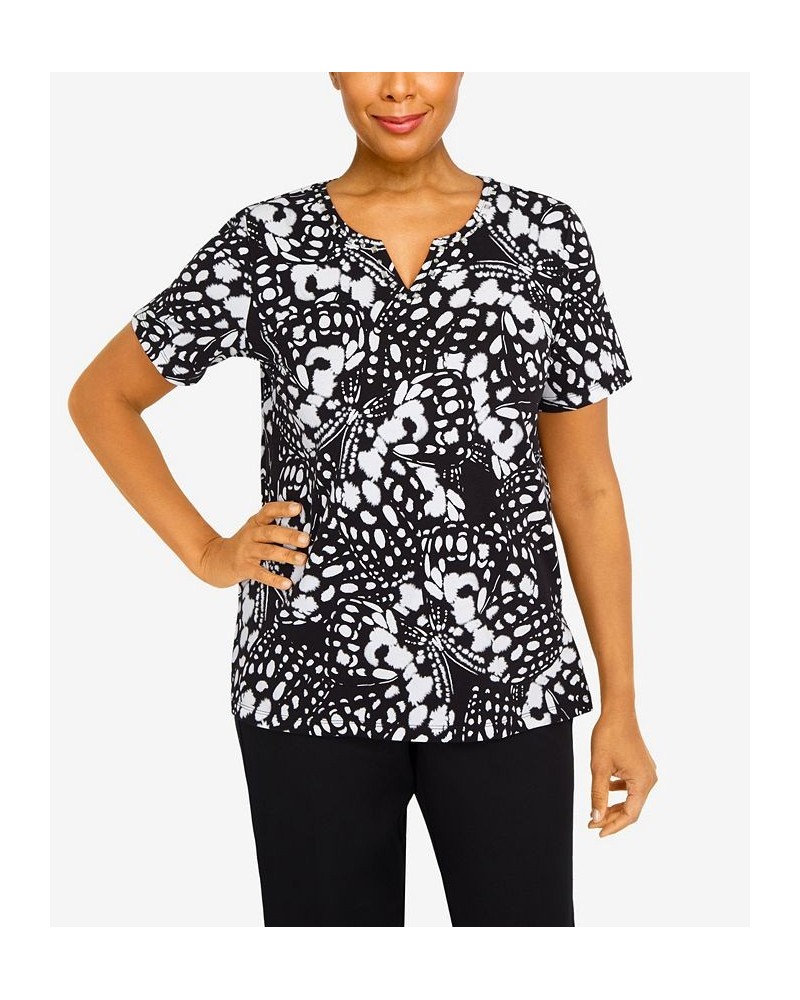 Women's Summer in The City Abstract Butterfly Split Neck Top Black, White $32.90 Tops