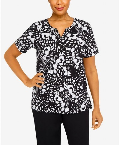 Women's Summer in The City Abstract Butterfly Split Neck Top Black, White $32.90 Tops