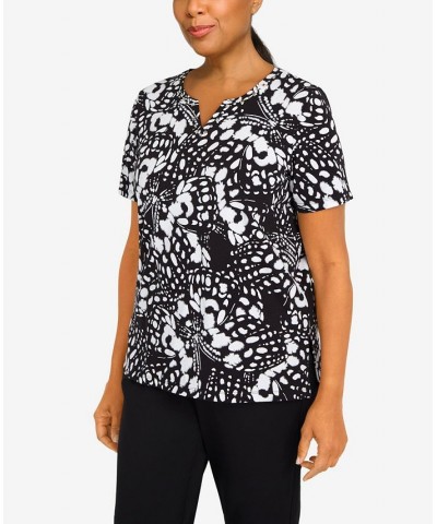 Women's Summer in The City Abstract Butterfly Split Neck Top Black, White $32.90 Tops