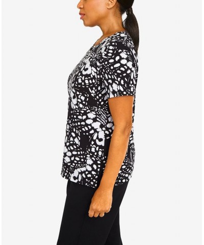 Women's Summer in The City Abstract Butterfly Split Neck Top Black, White $32.90 Tops