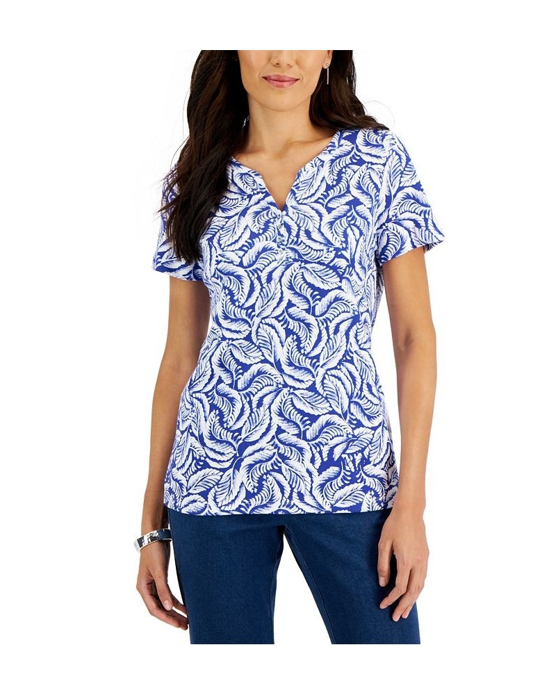 Women's Short-Sleeve Printed Henley Top Purple $10.99 Tops