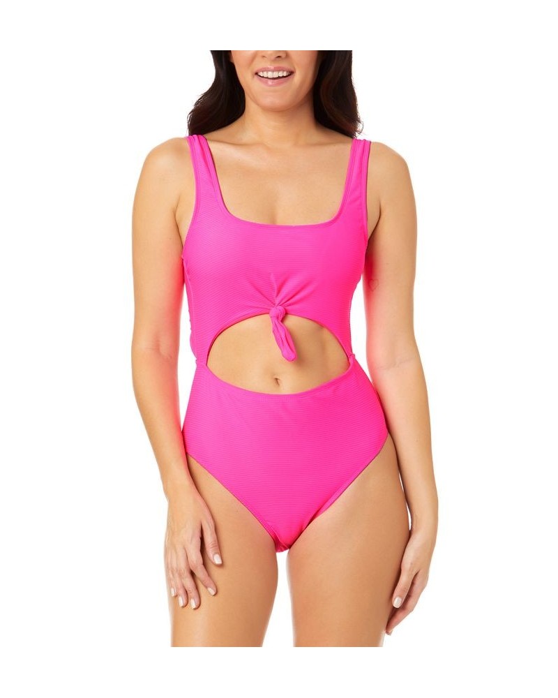 Juniors' Pink Sizzle Ribbed Knot-Front One-Piece Swimsuit Pink $22.55 Swimsuits