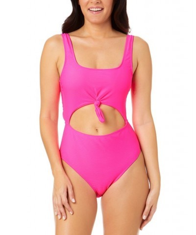 Juniors' Pink Sizzle Ribbed Knot-Front One-Piece Swimsuit Pink $22.55 Swimsuits