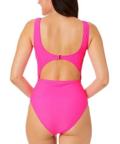 Juniors' Pink Sizzle Ribbed Knot-Front One-Piece Swimsuit Pink $22.55 Swimsuits