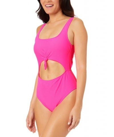 Juniors' Pink Sizzle Ribbed Knot-Front One-Piece Swimsuit Pink $22.55 Swimsuits