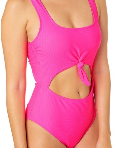 Juniors' Pink Sizzle Ribbed Knot-Front One-Piece Swimsuit Pink $22.55 Swimsuits